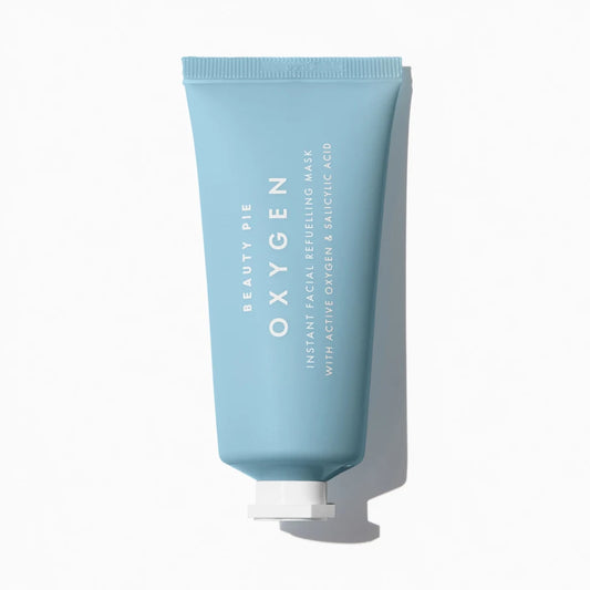 Beauty Pie Oxygen Instant Facial Refuelling Mask 50ml, a skincare mask in a white tube with a blue cap and label, designed to refresh skin.