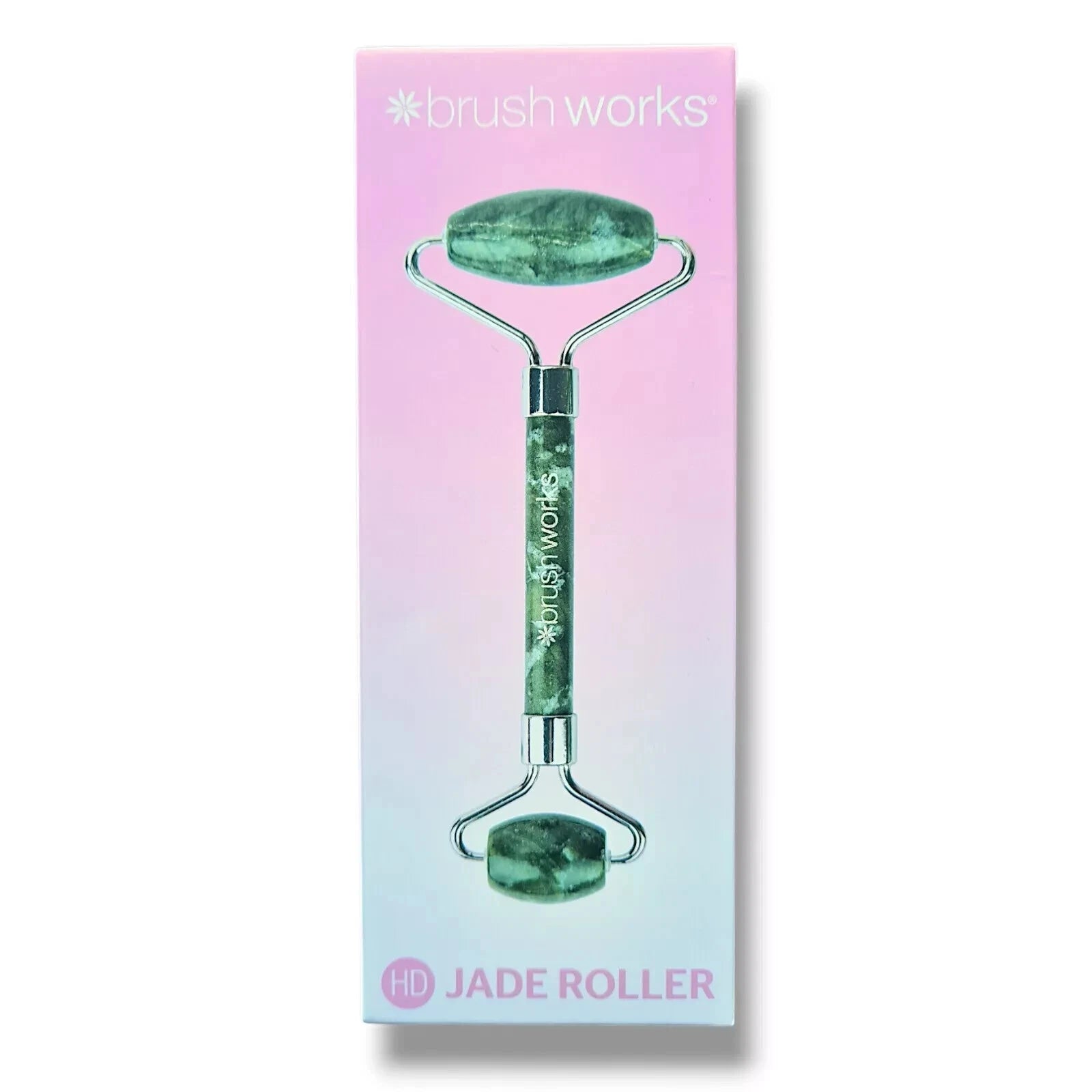 Brushworks HD Jade Roller Face Massager for skin care, featuring a smooth jade stone roller for facial massage.