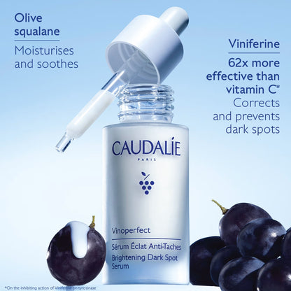 Caudalie Vinoperfect Brightening Dark Spot Serum in a 30ml bottle, a vitamin C alternative for luminous skin.