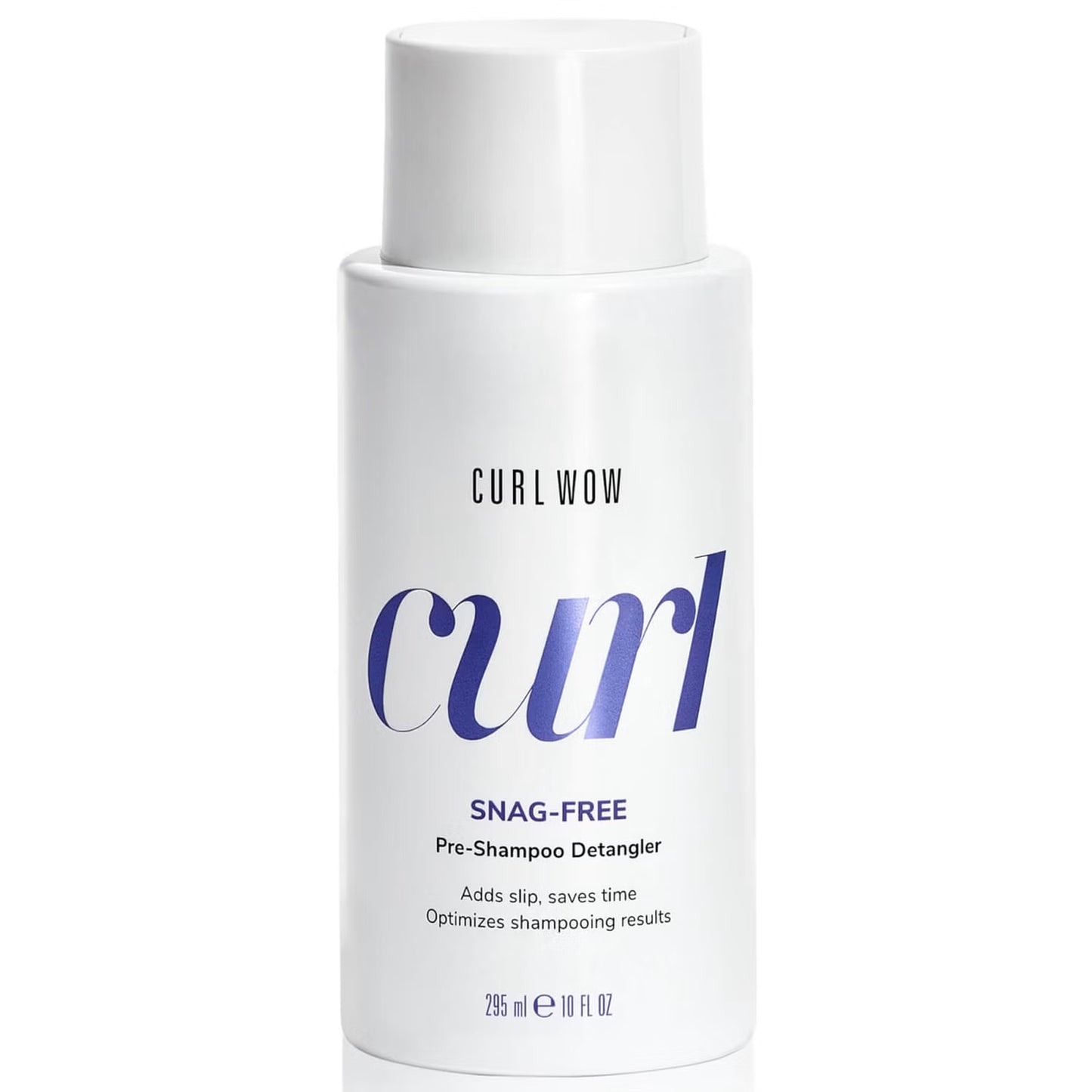 Color Wow Curl Wow Snag-Free Pre-Shampoo Detangler bottle for curly hair, 295ml, in a sleek white container with product label.