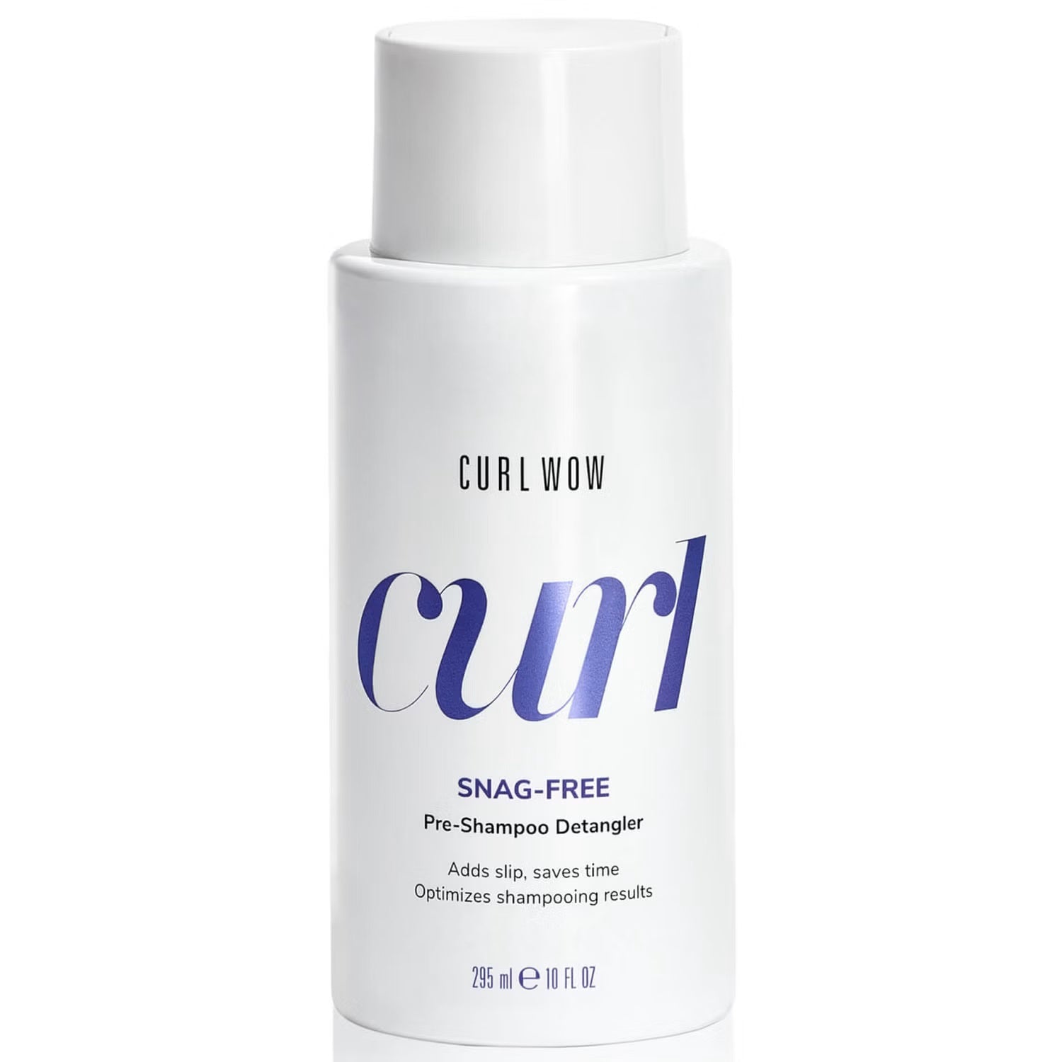 Color Wow Curl Wow Snag-Free Pre-Shampoo Detangler bottle for curly hair, 295ml, in a sleek white container with product label.