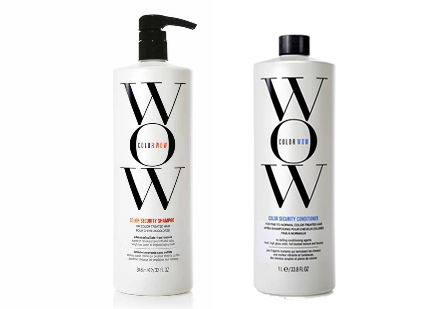 Color Wow Dream Clean shampoo and conditioner duo for fine to normal hair, shown in 946ml and 1-liter bottles.