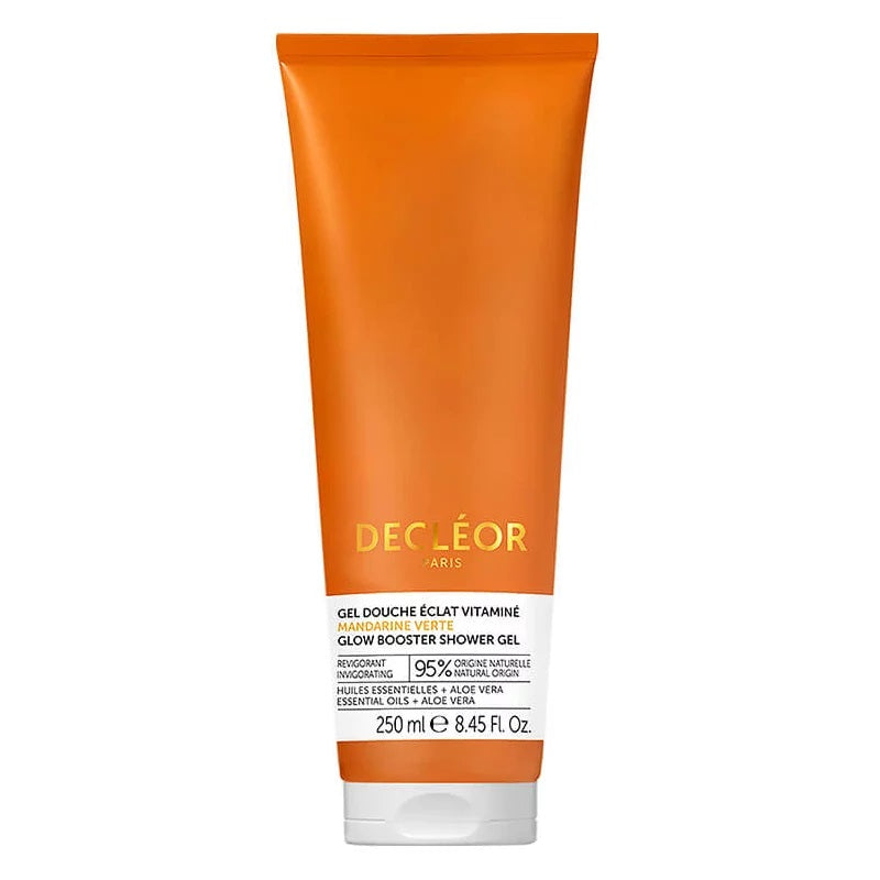 Decléor Green Mandarin Vitamin Glow Shower Gel 250ml, vibrant orange and green bottle with citrus scent, for refreshing bath and body care.