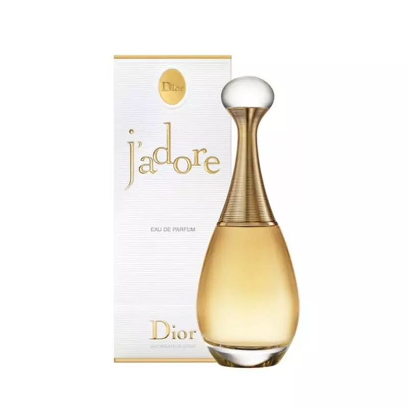 Dior J'Adore Eau de Parfum spray bottle, 100ml, elegant perfume and cologne bottle with gold accents and floral design.