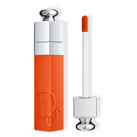 Dior Addict Lip Tint 641 Natural Red Tangerine, featuring a vibrant orange-red shade on smooth lips.