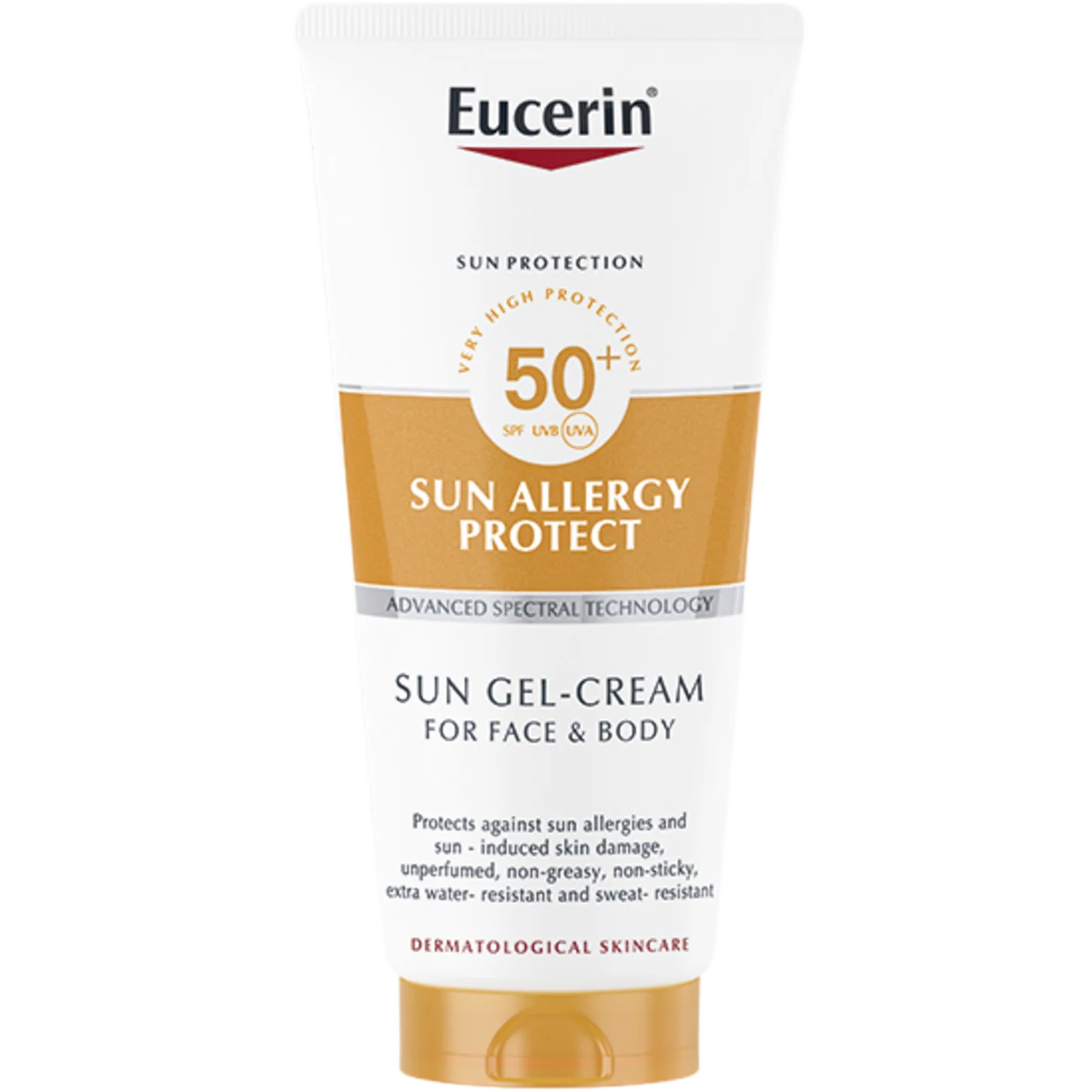 Eucerin Sun Allergy Protect SPF50+ sun cream gel for face and body, 200ml, providing high sun protection for sensitive skin.