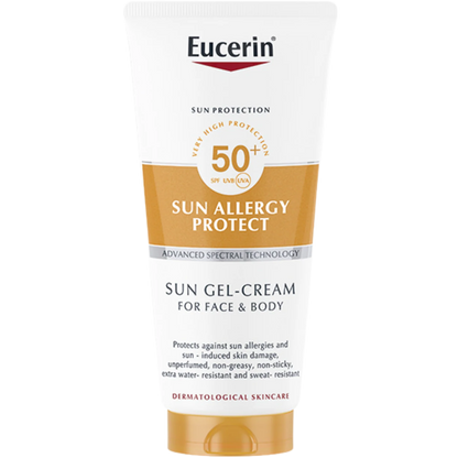 Eucerin Sun Allergy Protect SPF50+ sun cream gel for face and body, 200ml, providing high sun protection for sensitive skin.
