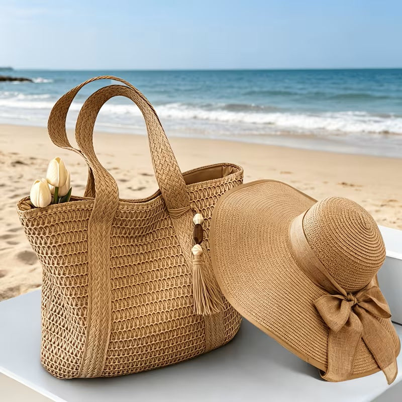 Set of two: Grace Beauty raffia beach bag and straw hat, woven straw design perfect for beach outings and summer style.