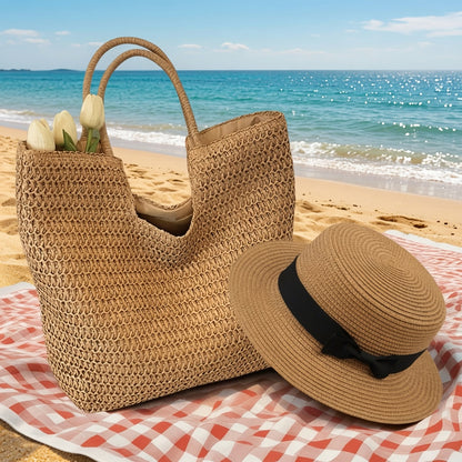 Grace Beauty 2pcs travel raffia tote bag and woven straw hat set, perfect for beach outings and casual summer trips.