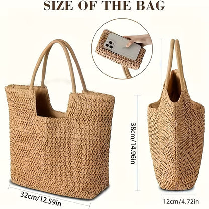 Two-piece travel set with a woven raffia tote bag and straw hat, featuring a stylish beach bag and sun hat for summer outings.