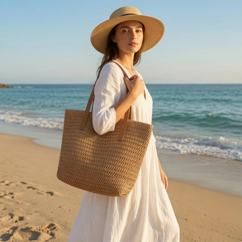 Women's woven raffia tote handbag by Grace Beauty, featuring natural straw material and spacious design for everyday use.