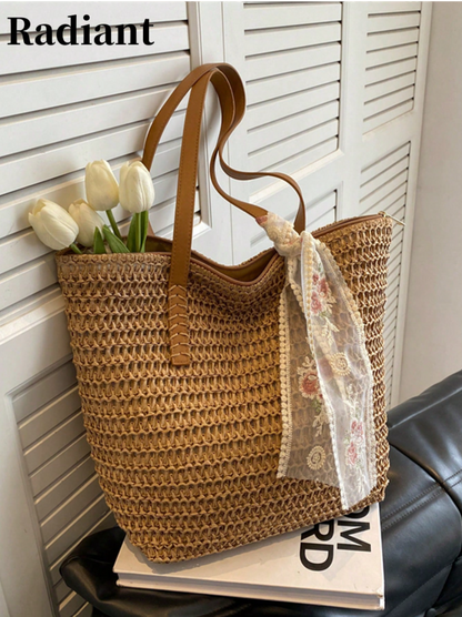 Women's woven raffia tote bag by Grace Beauty, stylish handbag with natural woven texture and sturdy handles.