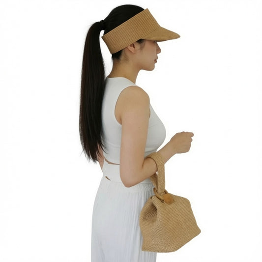 Grace Beauty chic straw pouch handbag with top carry handle, stylish and lightweight for casual outings.