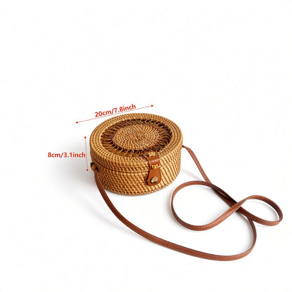 Women’s round raffia crossbody bag with bohemian design, handwoven beach shoulder purse by Grace Beauty.