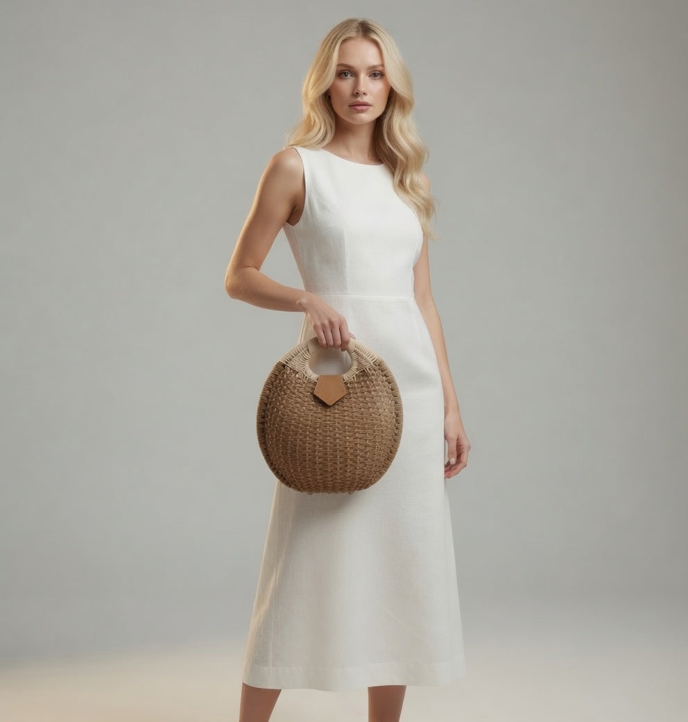 Woman in a white dress holding a woven handbag against a plain background