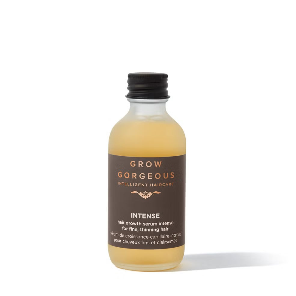 Grow Gorgeous Hair Growth Serum Intense 60ml bottle, clear liquid hair care product for thicker, healthier hair.