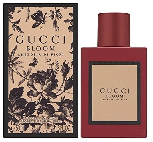 Gucci Bloom Ambrosia di Fiori 50ml perfume spray with floral packaging, showcasing elegant Gucci branding and perfume bottle.