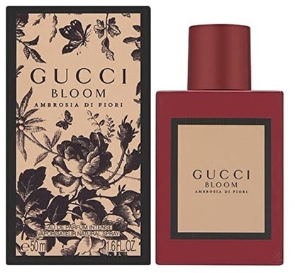 Gucci Bloom Ambrosia di Fiori 50ml perfume spray with floral packaging, showcasing elegant Gucci branding and perfume bottle.