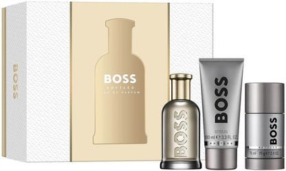 Hugo Boss Boss Bottled gift set featuring 100ml Eau de Parfum, 100ml shower gel, and 75g deodorant stick, displayed together.