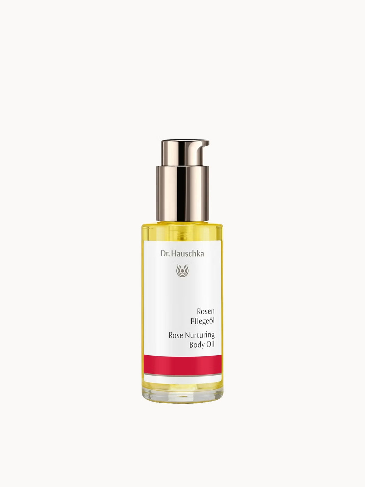 Dr. Hauschka Rose Nurturing Body Oil bottle with a floral label, showcasing the 75ml size and elegant packaging.