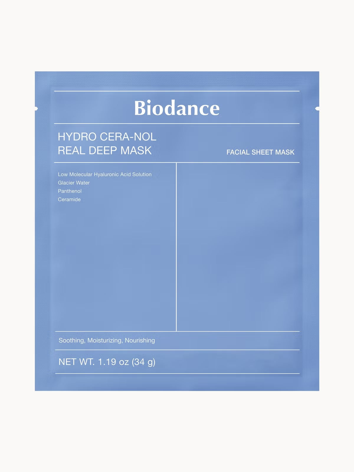 Biodance Hydro Cera-nol Real Deep Mask pack showing four skin care masks for deep hydration and skin rejuvenation.