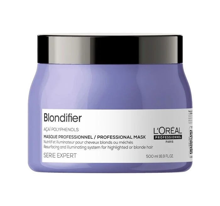 L'Oréal Paris Blondifier Mask for blond hair, 500ml, professional hair care treatment in a white jar with purple accents.
