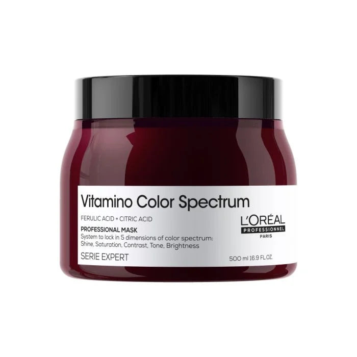 L'Oréal Paris Vitamino Spectrum Mask 500ml, hair care treatment in a white and purple jar with a silver lid, designed for nourishing hair.