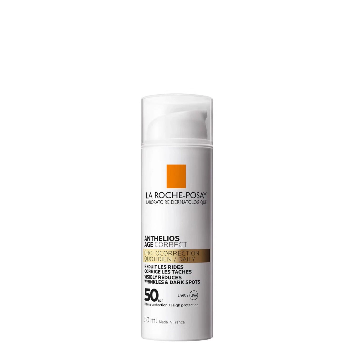 La Roche-Posay Anthelios Age Correct SPF50+ sun cream in 50ml tube, visible on the product packaging.
