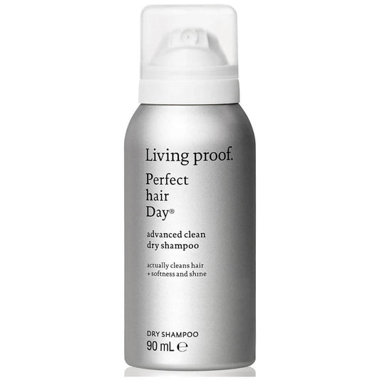 Living Proof Perfect Hair Day Advanced Clean Dry Shampoo 90ml, a beauty product with a sleek bottle and textured dry shampoo powder visible