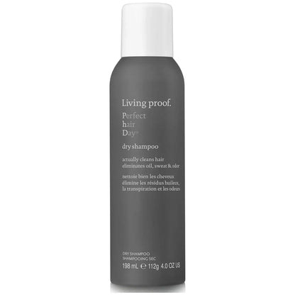 Living Proof Perfect Hair Day Dry Shampoo in a 198ml bottle, featuring a sleek design and clear labeling