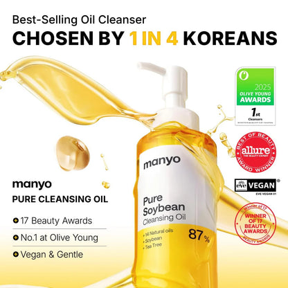Ma:nyo Pure Cleansing Oil in a 55ml bottle, a facial cleanser with a clear liquid texture and minimalist packaging.
