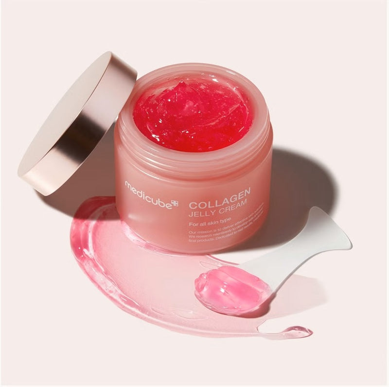 Medicube Collagen Jelly Cream in a 50ml jar, a face moisturizer with a gel texture and collagen for hydrating skincare.