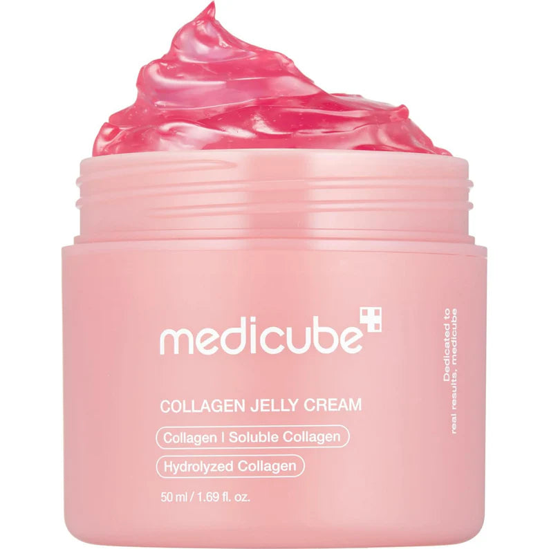 Medicube Collagen Jelly Cream in 50ml jar, a face moisturizer with a gel-like texture for hydrating and nourishing skin.