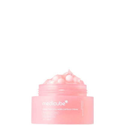 Medicube PDRN Pink Collagen Capsule Cream face moisturizer in 55g jar with pink packaging and collagen capsules for skin hydration.