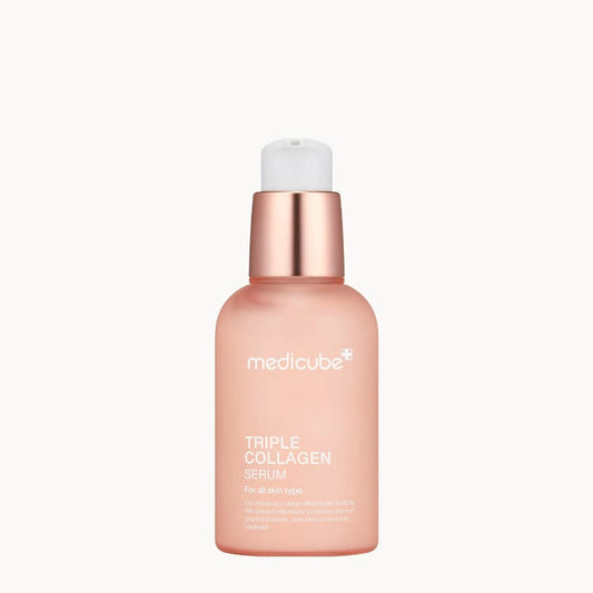 Medicube Triple Collagen Serum 4.0 face serum in 55ml bottle, showcasing clear liquid with skincare branding.