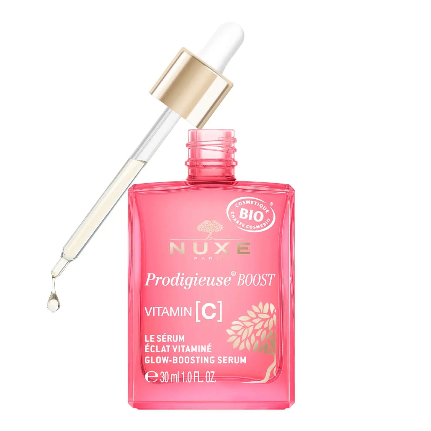 Nuxe Prodigieuse Boost Vitamin C Glow-Boosting Serum 30ml, a clear bottle of serum with a dropper and bright orange label.