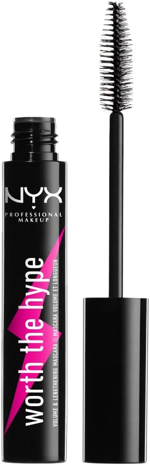 NYX Professional Makeup Worth the Hype Mascara in black, featuring a sleek tube and applicator brush for voluminous lashes.