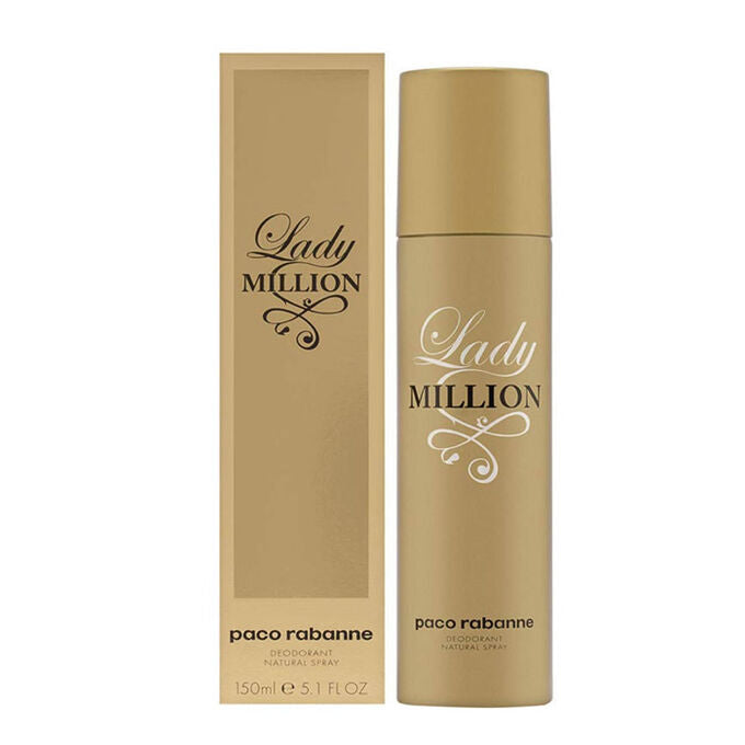 Paco Rabanne Lady Million spray deodorant in 150ml bottle, featuring sleek packaging and elegant design.