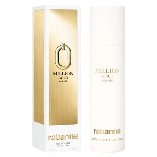 Paco Rabanne Million Gold for Her 150ml deodorant spray with gold-colored packaging and spray nozzle.