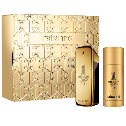 Paco Rabanne 1 Million 100ml EDT spray and shower gel set with gold-colored packaging and branding on the bottles