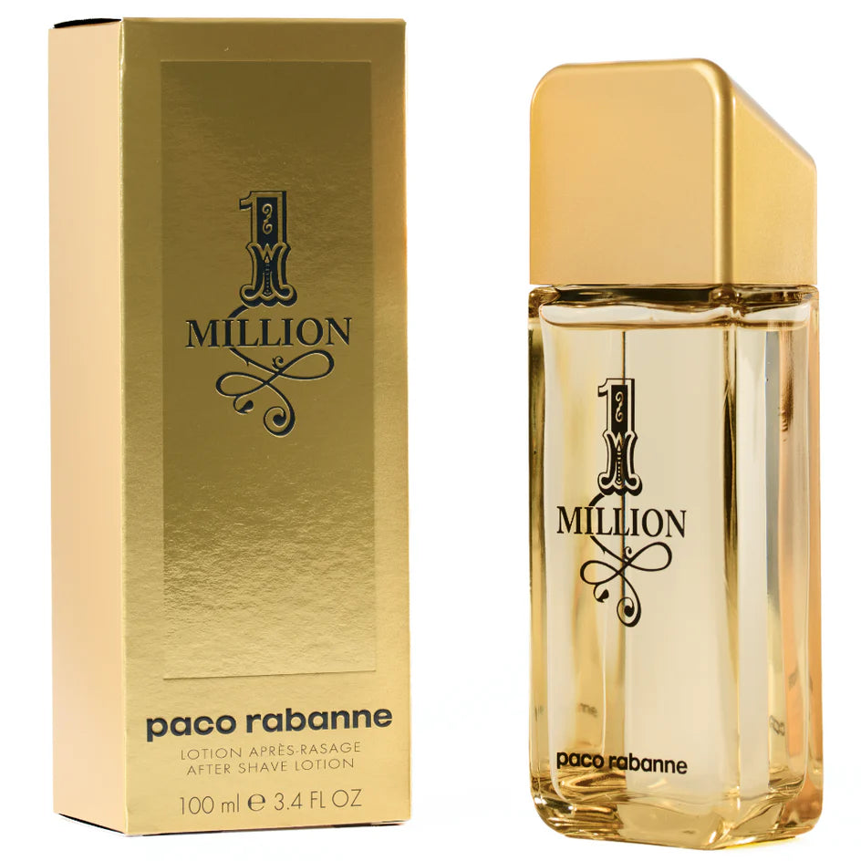 Paco Rabanne 1 Million Aftershave Splash in 100ml bottle, featuring a sleek gold design and masculine fragrance.