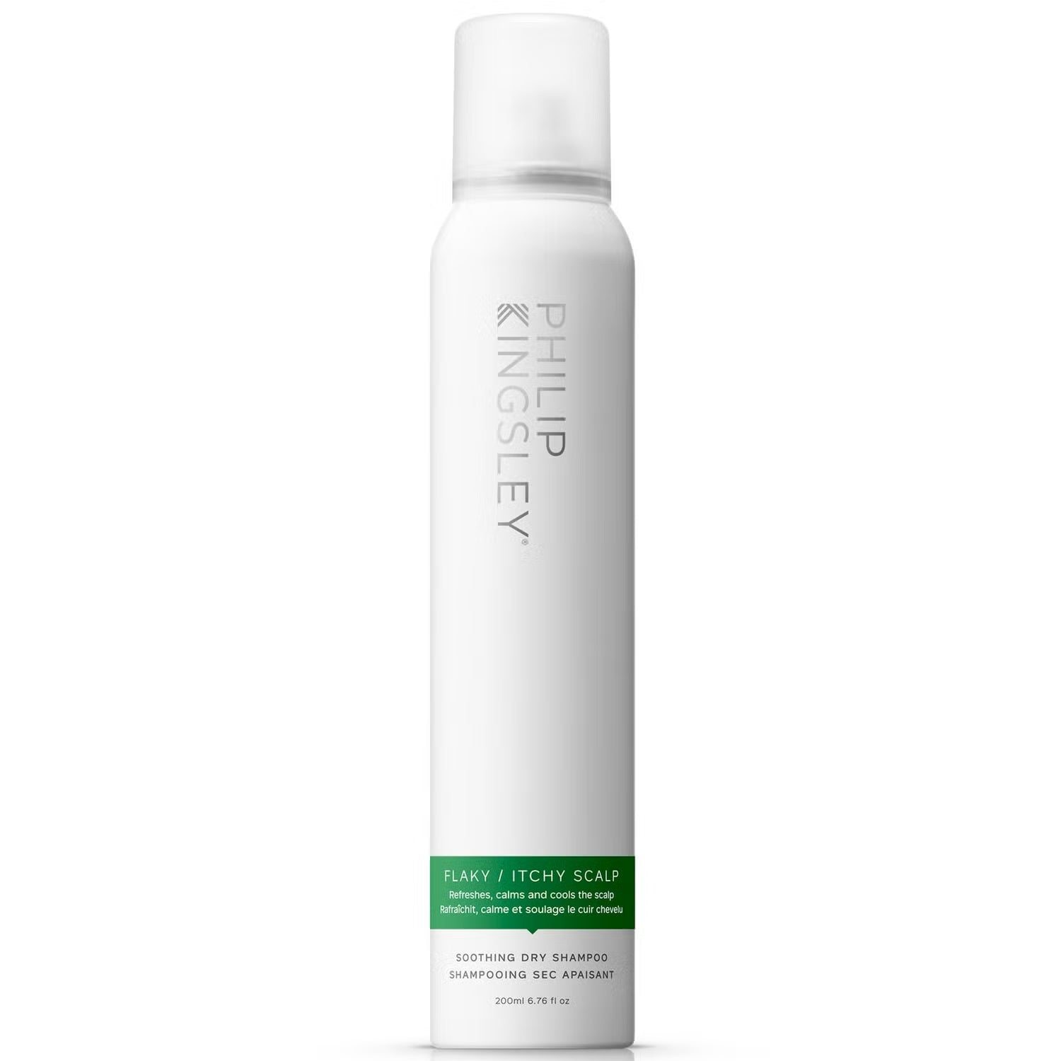 Philip Kingsley Flaky and Itchy Scalp Dry Shampoo 200ml, gentle formula for scalp relief, visible bottle with product label.