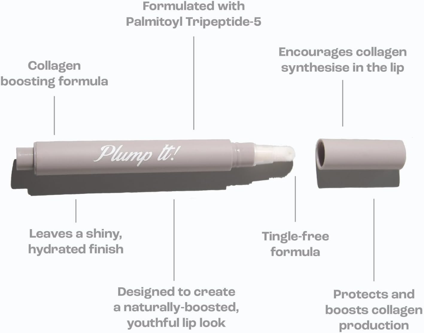 Transparent collagen lip plumper by Plump It, 3 ml, showcasing the clear applicator and smooth, glossy lip-enhancing formula.