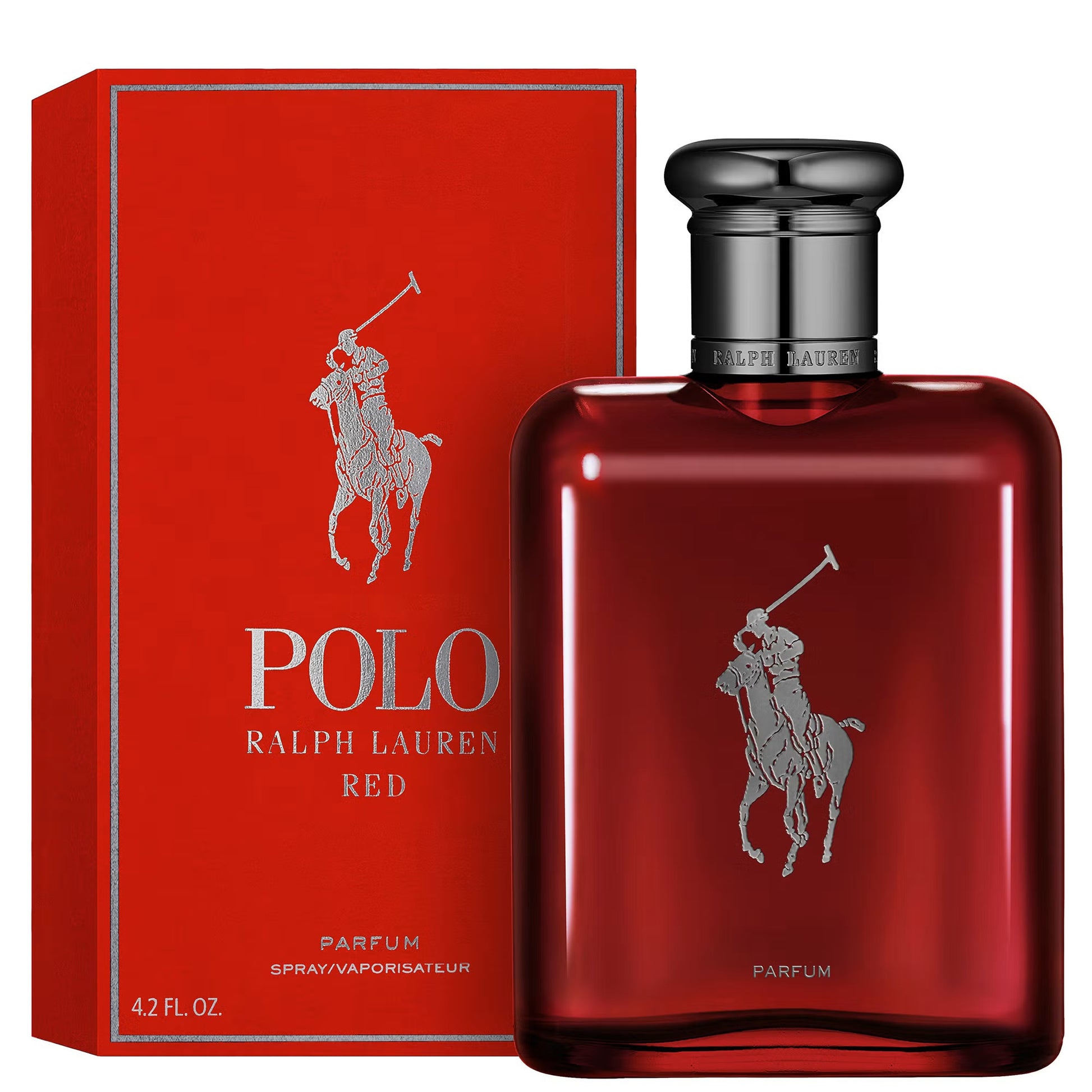 Ralph Lauren Polo Red Eau de Parfum 125ml bottle, sleek perfume for men with a bold red design and sophisticated fragrance.