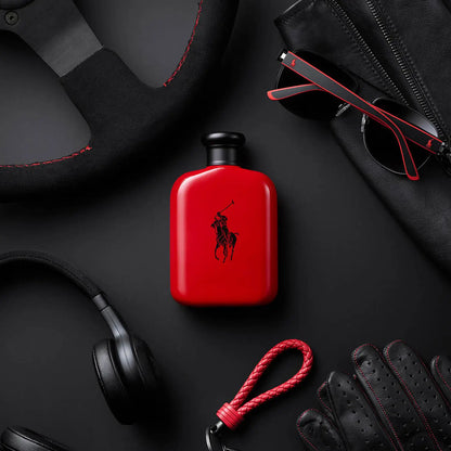 Ralph Lauren Polo Red Eau de Toilette perfume bottle, 125ml, featuring a sleek red and silver design, for men.