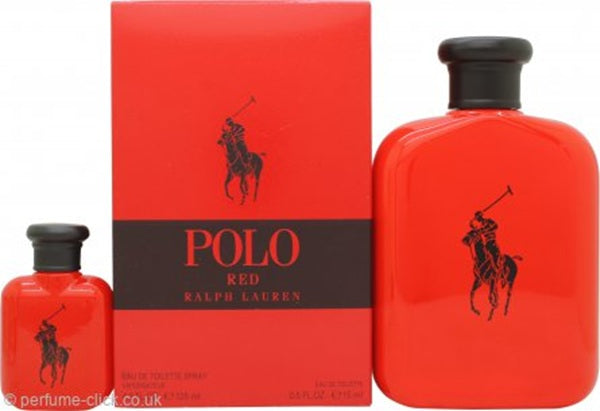 Ralph Lauren POLO RED Eau De Toilette gift set with 125ml and 15ml bottles, featuring sleek perfume and cologne packaging.