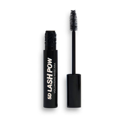 REVOLUTION 5D Lash Pow Extreme Volume Mascara in Super Black, 12.2ml, showing the mascara wand and brush with volumized lashes.