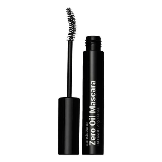 Sandstone Allergy Certified Zero Oil Mascara in black, 10g, showcasing long, voluminous lashes with a natural finish.
