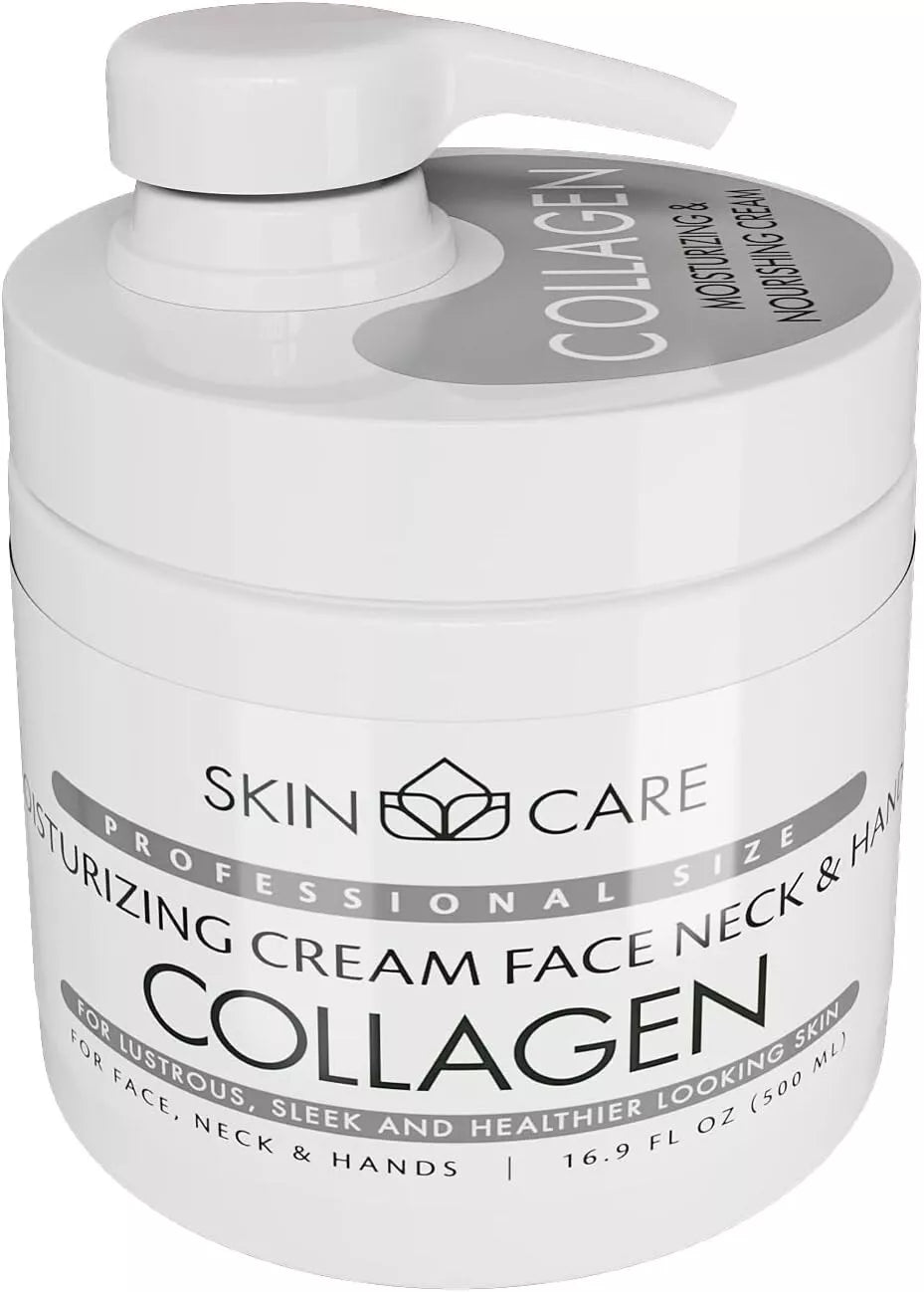 Skin Care 3-in-1 Collagen Moisturizing Cream for face, neck, and hands in a 500ml jar, showing the creamy texture and packaging.
