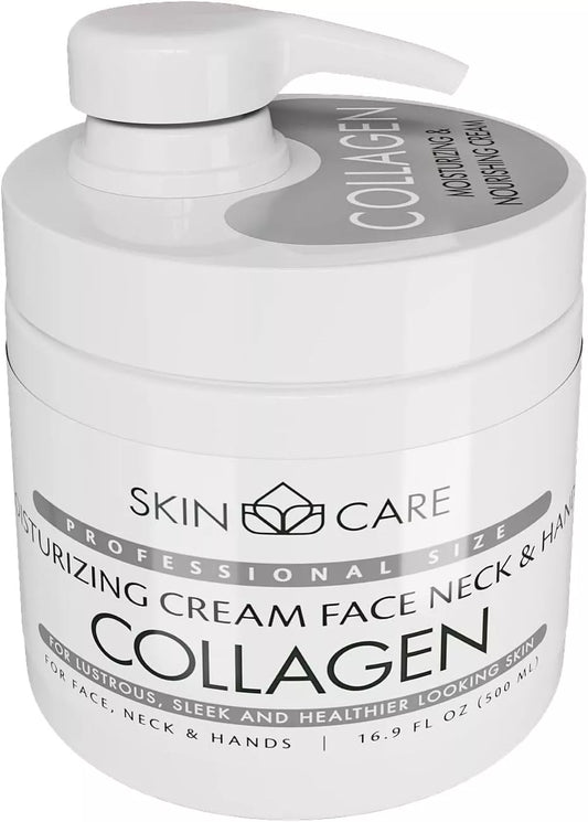 Skin Care 3-in-1 Collagen Moisturizing Cream for face, neck, and hands in a 500ml jar, showing the creamy texture and packaging.
